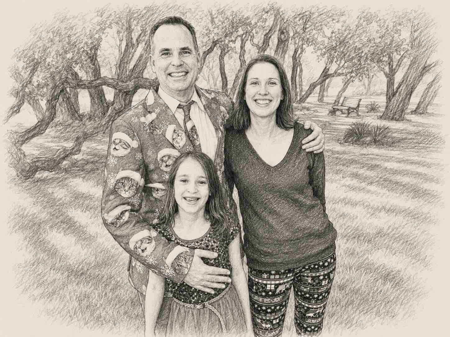 Sketch-style illustration of Dean Dzurilla with his family