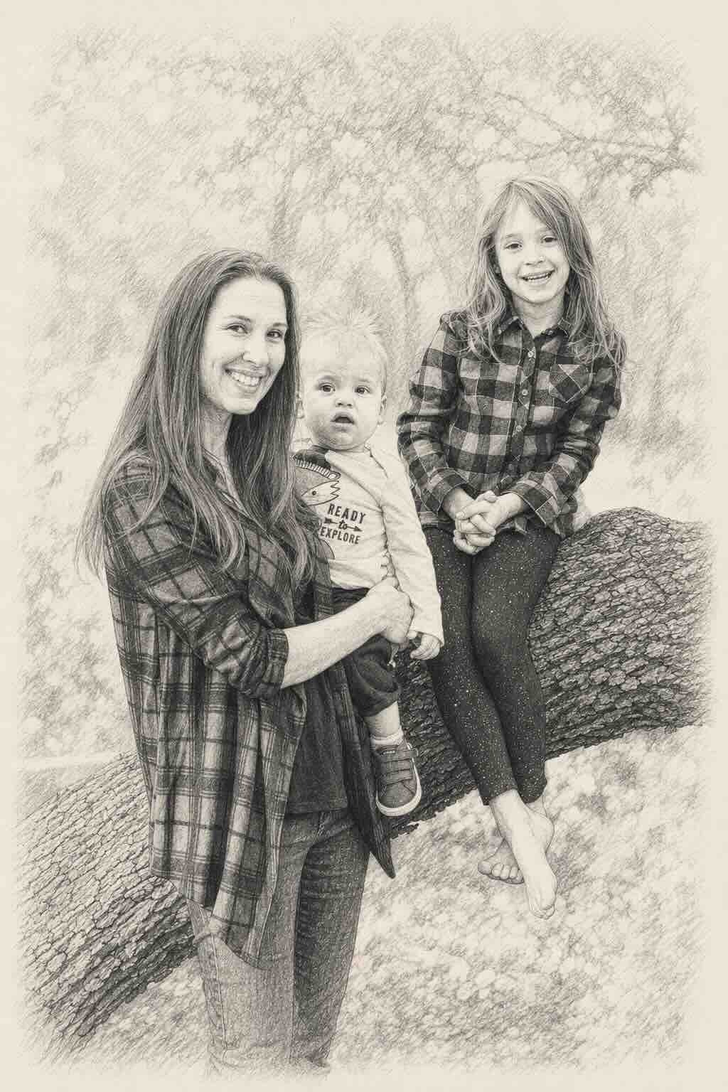 Sketch-style illustration of Dean's wife and kids