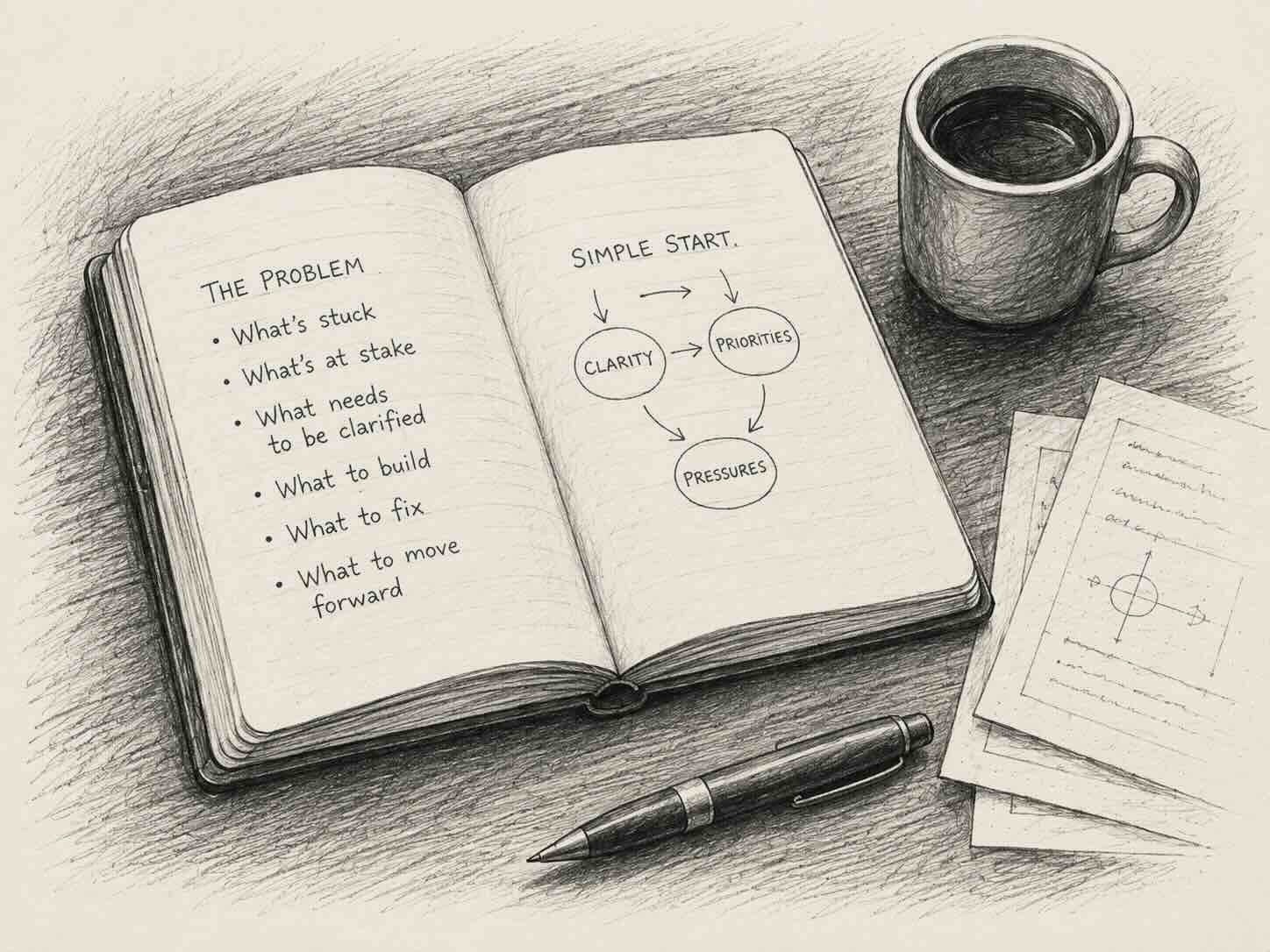 Sketch-style illustration of an open notebook with problem-solving notes