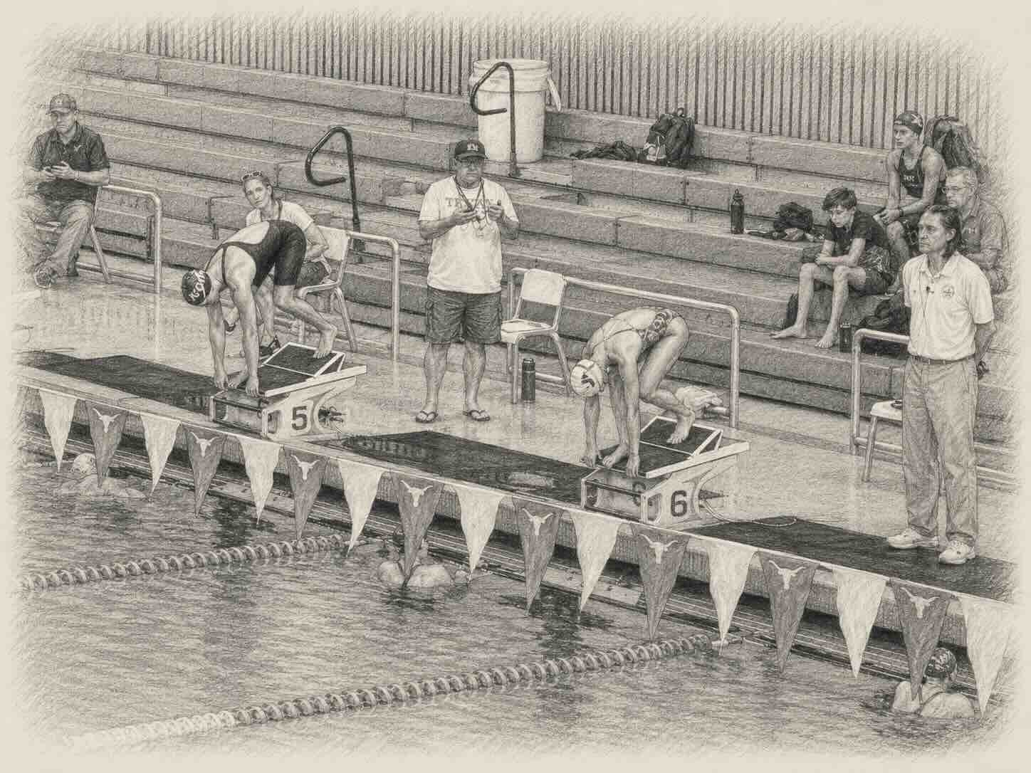 Sketch-style illustration of a swim coach working with an athlete on the pool deck